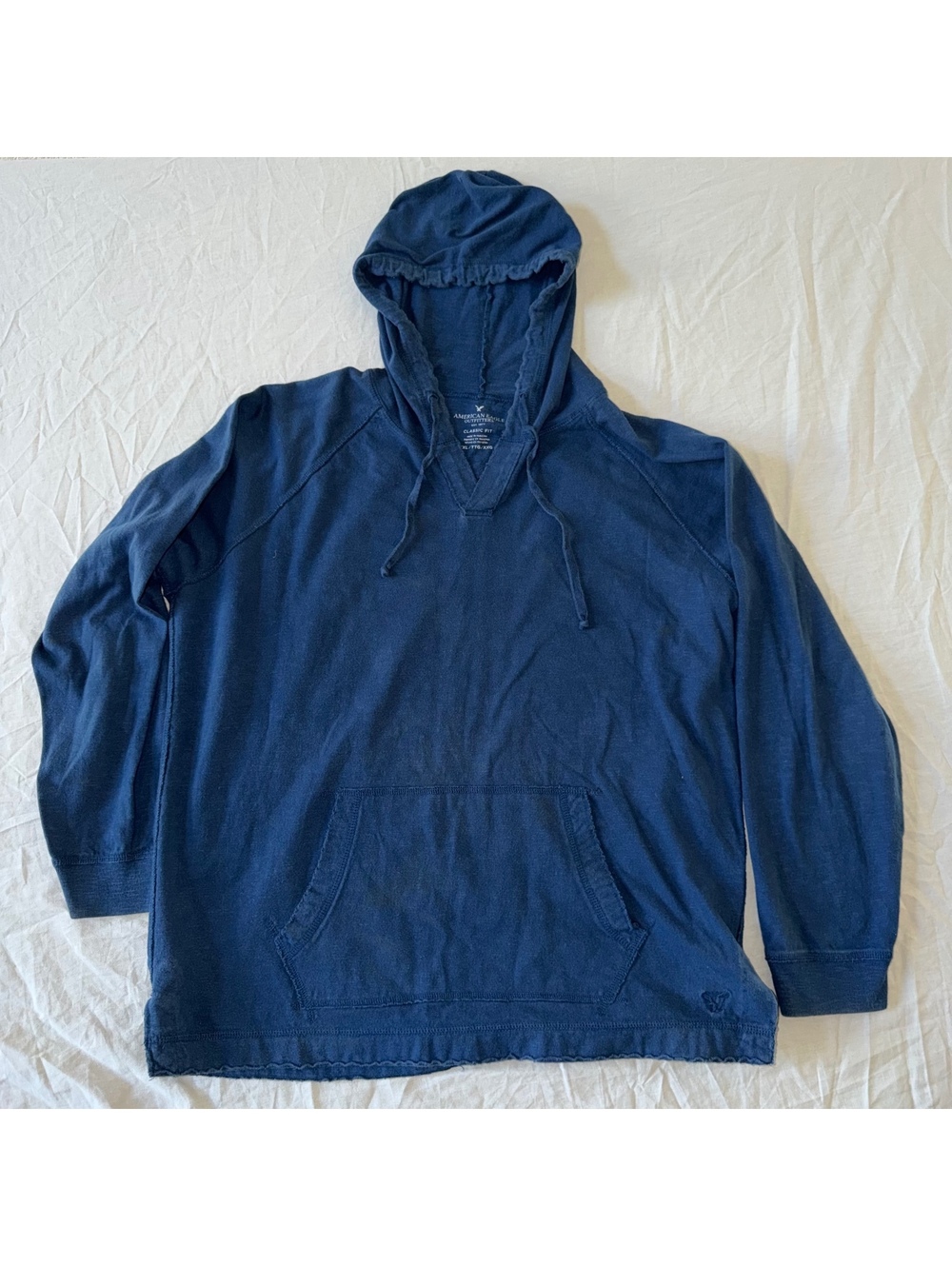 American Eagle Men's Navy Blue Pullover Hoodie Large with Drawstring Hood and K-